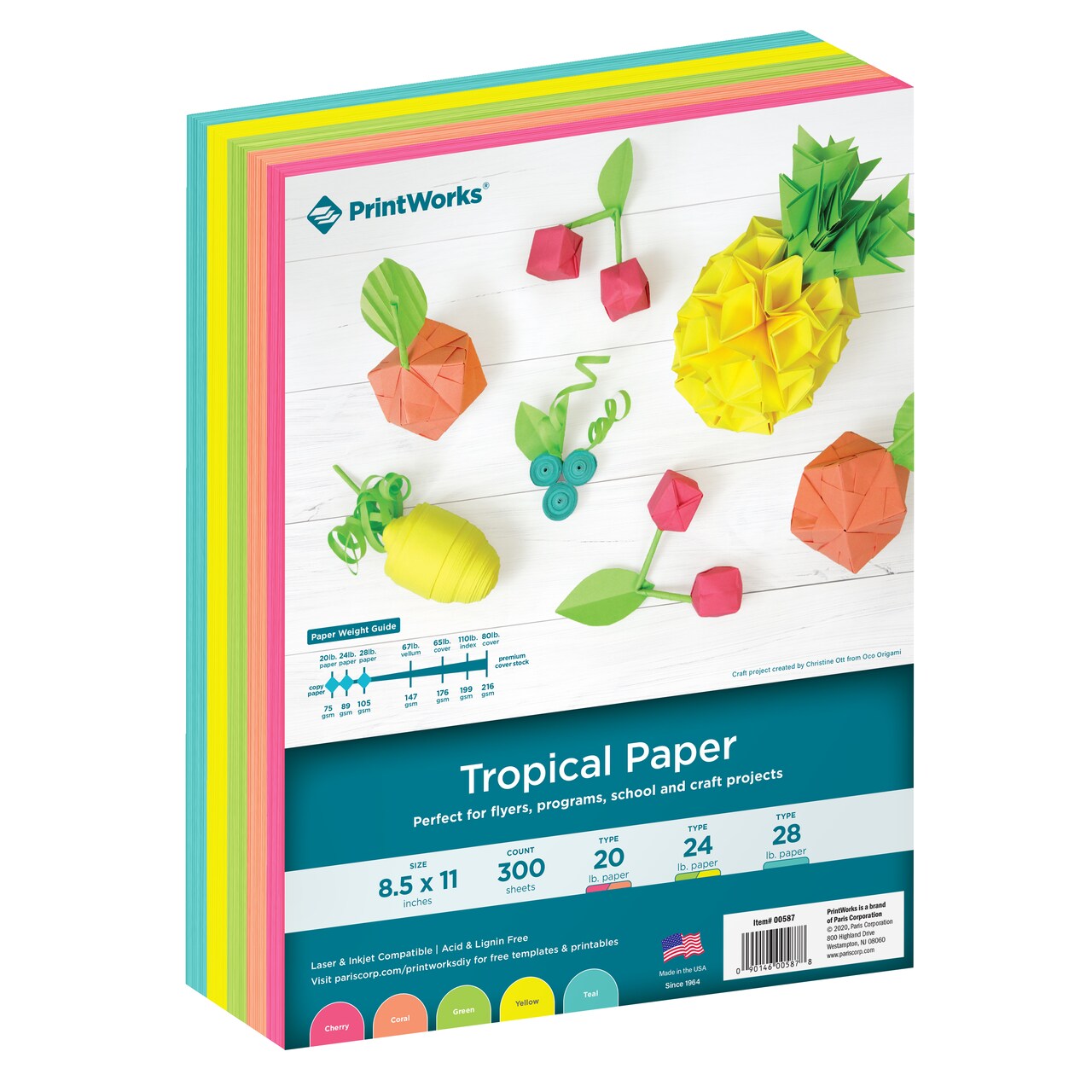 Printworks Tropical Paper, Includes Cherry, Coral, Green, Yellow and Teal Paper, 8 ½” x 11”, 300 Sheets (00587)
